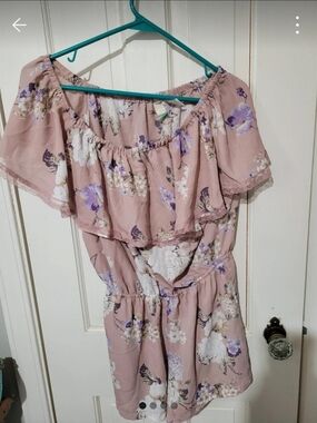 Mimi Chica Blush Pink Floral Off-Shoulder Romper with Purple Accents